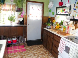 Linoleum and dark, faux wood cabinets circa 1970's